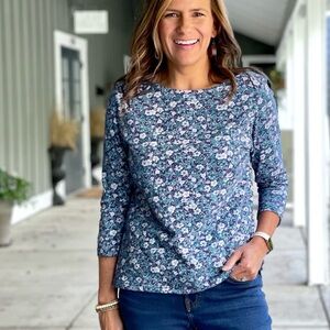 NWT Blue Floral boatneck knit with Three-Quarter Sleeves
